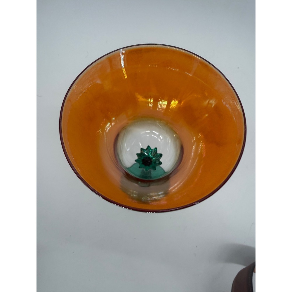 Rick Strini Studio Art Glass Tulip Goblet Iridescent Orange Dark Green Signed - Picture 3 of 4